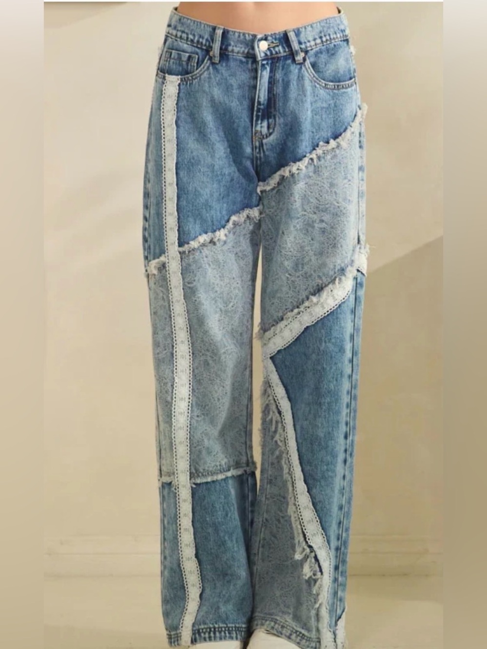 Oli & Hali High Rise Wide Leg Patchwork Denim Jeans with Lace  Sz S. NWOT *flaw*